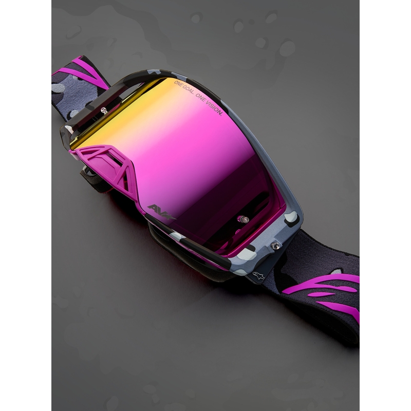 Alpinestars Supertech Lone violetas kamuflāžas motokrosa brilles ar spoguļrozā plexiglasu