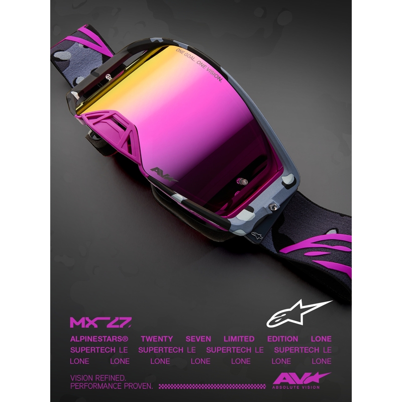 Alpinestars Supertech Lone violetas kamuflāžas motokrosa brilles ar spoguļrozā plexiglasu