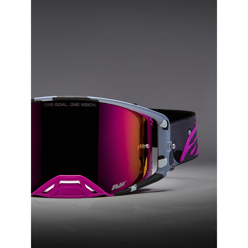 Alpinestars Supertech Lone violetas kamuflāžas motokrosa brilles ar spoguļrozā plexiglasu