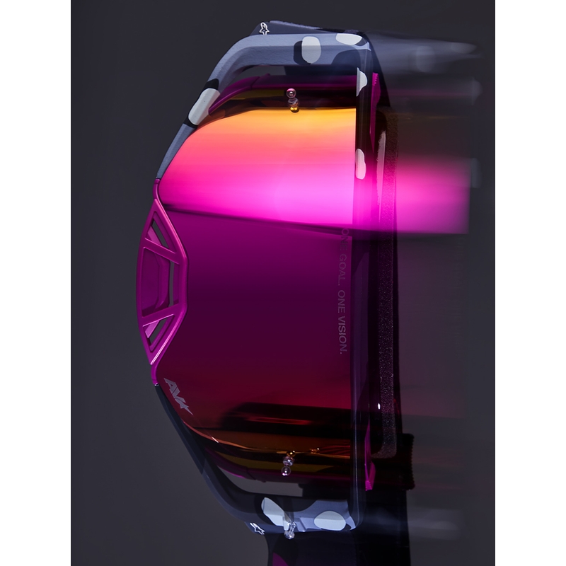 Alpinestars Supertech Lone violetas kamuflāžas motokrosa brilles ar spoguļrozā plexiglasu