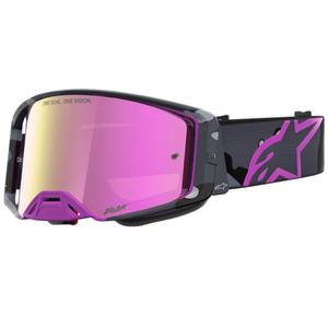 Alpinestars Supertech Lone violetas kamuflāžas motokrosa brilles ar spoguļrozā plexiglasu