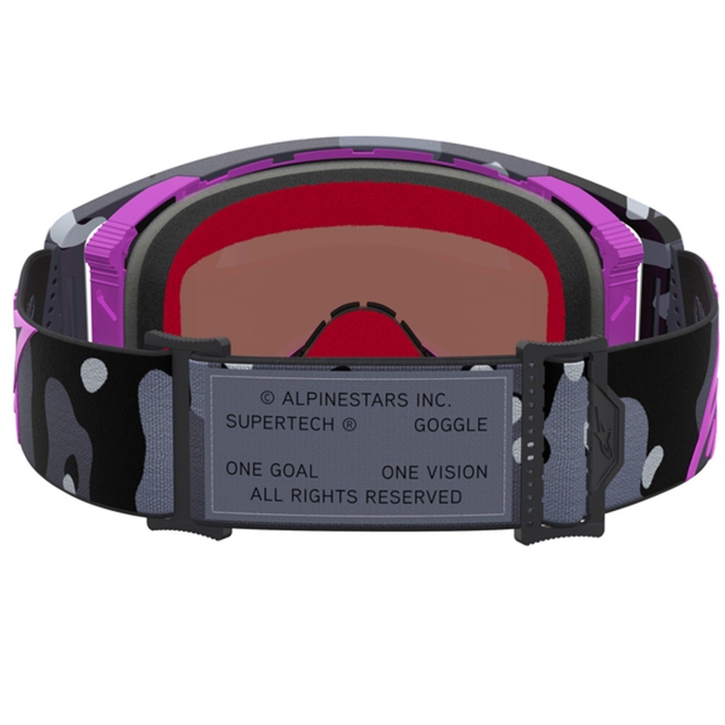 Alpinestars Supertech Lone violetas kamuflāžas motokrosa brilles ar spoguļrozā plexiglasu