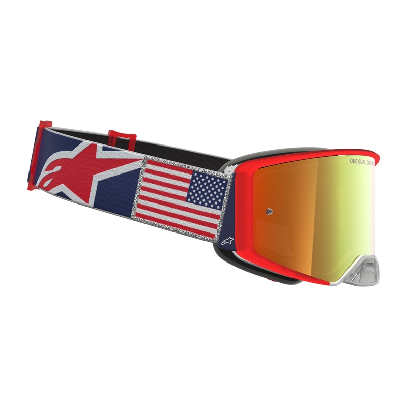 Alpinestars Supertech Fiftyfold motokrosa brilles zilas-sarkanas-baltas ar spoguļstiklu sarkanā krāsā