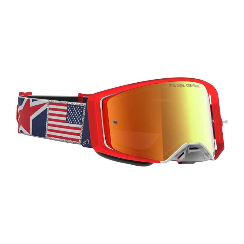Alpinestars Supertech Fiftyfold motokrosa brilles zilas-sarkanas-baltas ar spoguļstiklu sarkanā krāsā