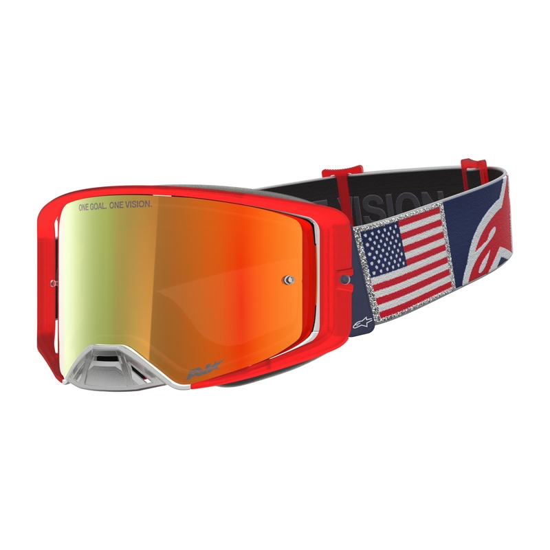 Alpinestars Supertech Fiftyfold motokrosa brilles zilas-sarkanas-baltas ar spoguļstiklu sarkanā krāsā