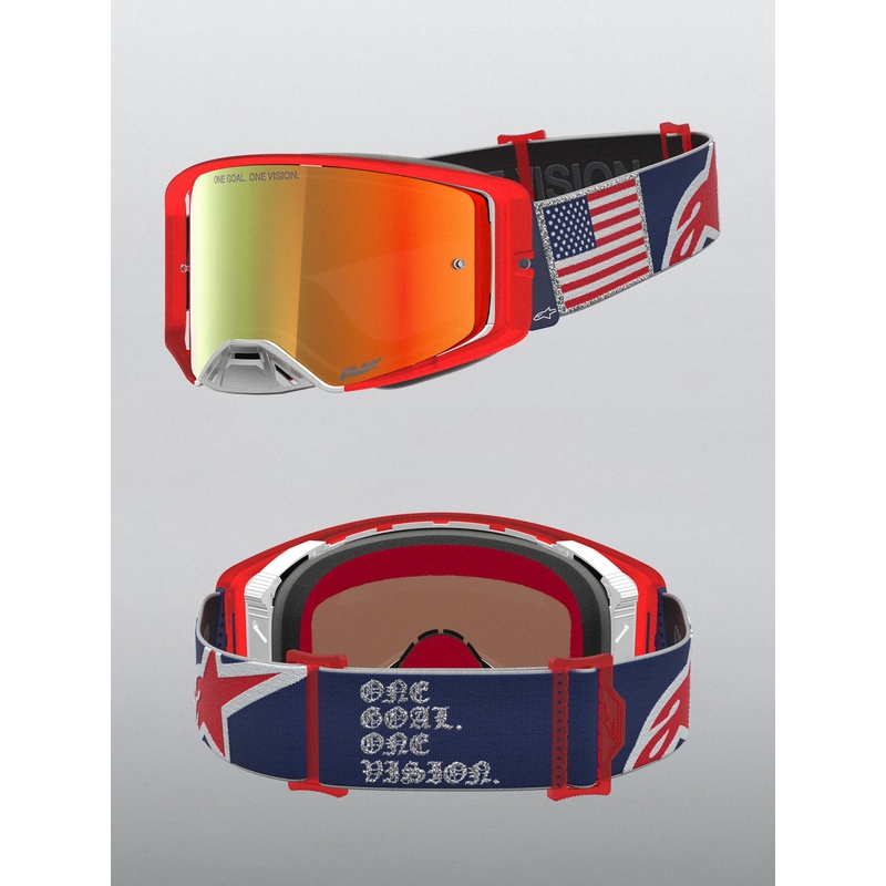 Alpinestars Supertech Fiftyfold motokrosa brilles zilas-sarkanas-baltas ar spoguļstiklu sarkanā krāsā