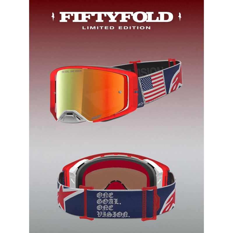 Alpinestars Supertech Fiftyfold motokrosa brilles zilas-sarkanas-baltas ar spoguļstiklu sarkanā krāsā