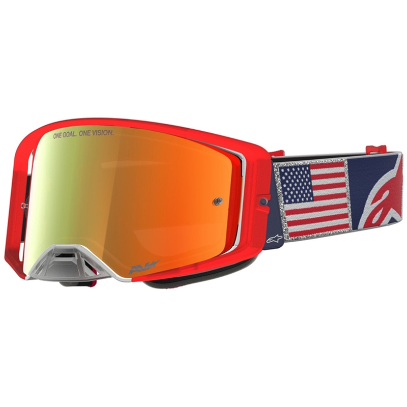 Alpinestars Supertech Fiftyfold motokrosa brilles zilas-sarkanas-baltas ar spoguļstiklu sarkanā krāsā