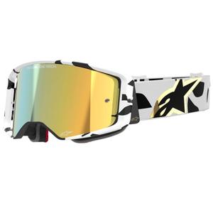 Alpinestars Supertech Corp baltas un zelta motokrosa brilles ar spoguļstikliem zelta krāsā