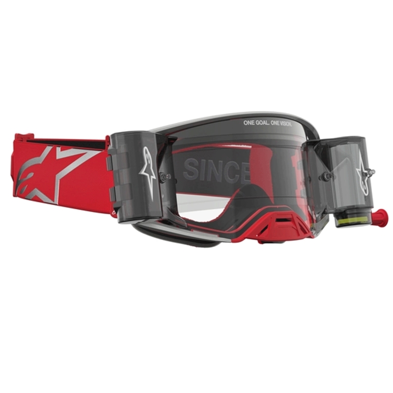 Alpinestars Supertech Firma sarkansudrabainas motokrosa brilles ar caurspīdīgu pleksiglasu