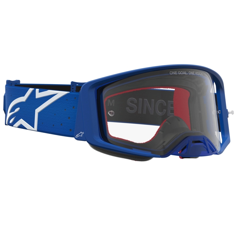 Alpinestars Supertech Vesta zili baltas motokrosa brilles ar caurspīdīgu pleksiglasu