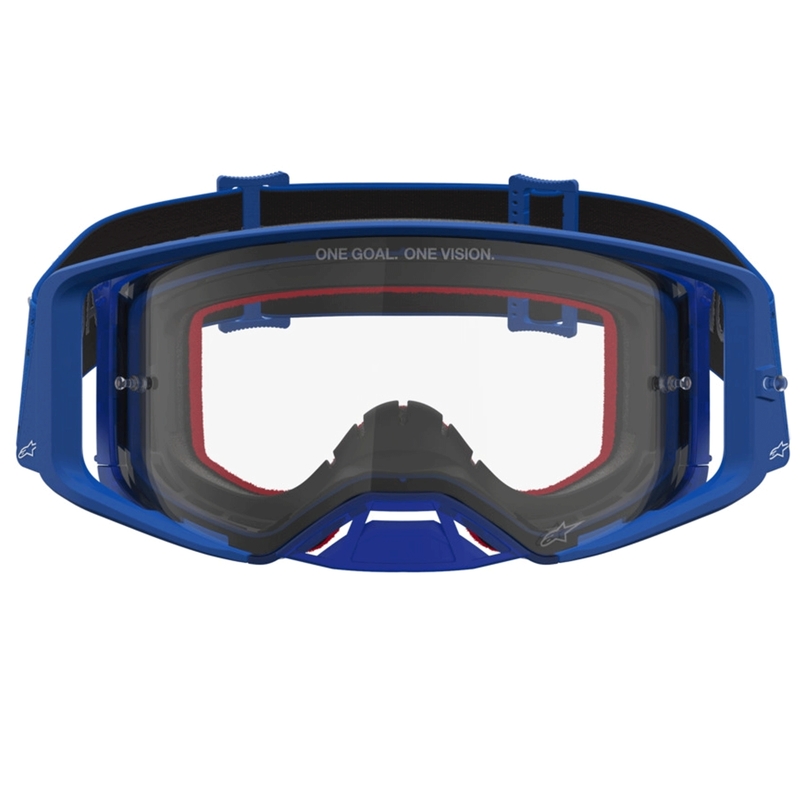 Alpinestars Supertech Vesta zili baltas motokrosa brilles ar caurspīdīgu pleksiglasu