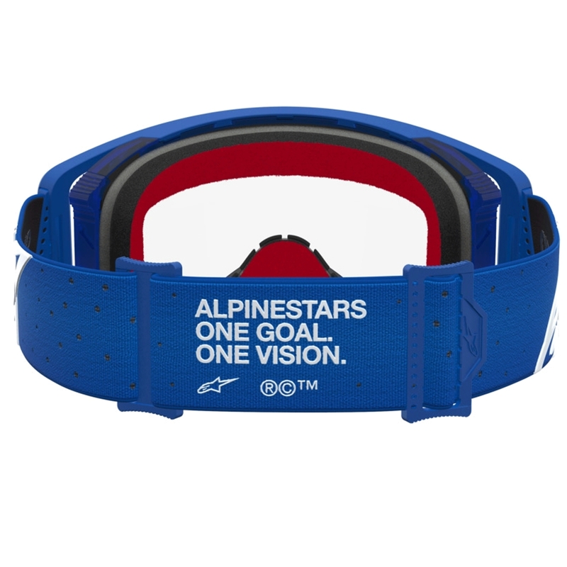 Alpinestars Supertech Vesta zili baltas motokrosa brilles ar caurspīdīgu pleksiglasu