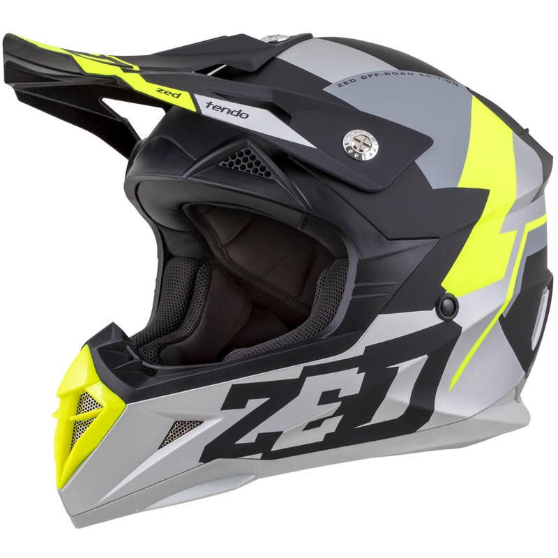 Bērnu motokrosa ķivere ZED X1.9D TENDO matēta melna-tumši pelēka-skaidri pelēka-fluo dzeltena - II. kvalitāte