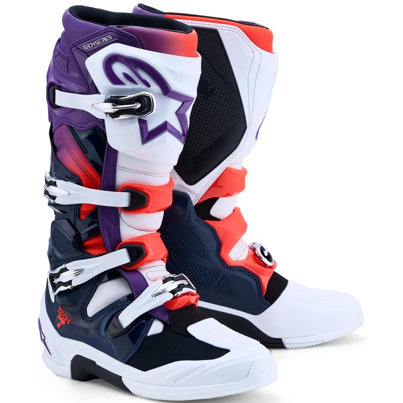 Alpinestars TECH 7 motokrosa zābaki violeti-balti-tumši zili-fluorescējoši sarkani