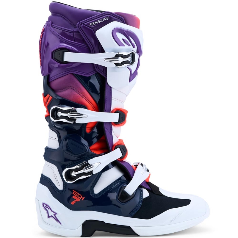 Alpinestars TECH 7 motokrosa zābaki violeti-balti-tumši zili-fluorescējoši sarkani