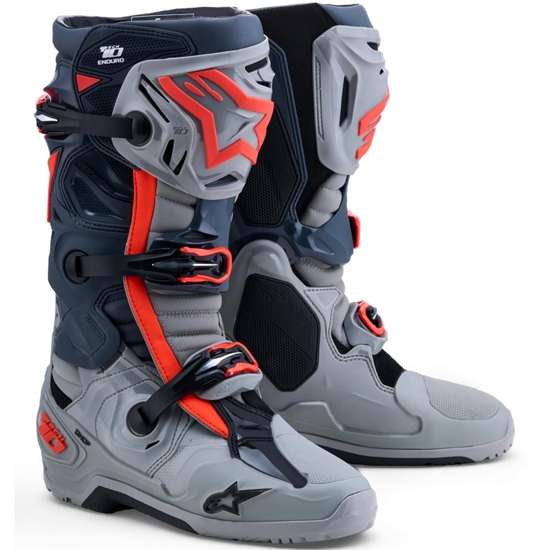 Alpinestars Tech 10 Enduro motocikla zābaki pelēki-tumši pelēki-fluorescējoši sarkani