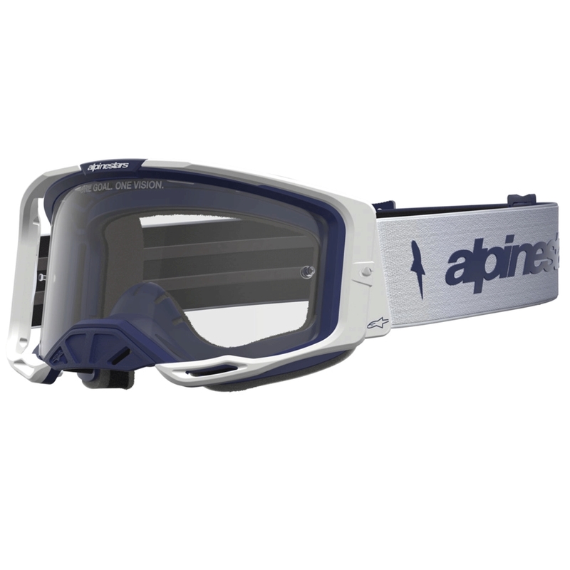 Alpinestars Vision 8 dzintara zili baltas motokrosa brilles ar caurspīdīgu pleksiglasu