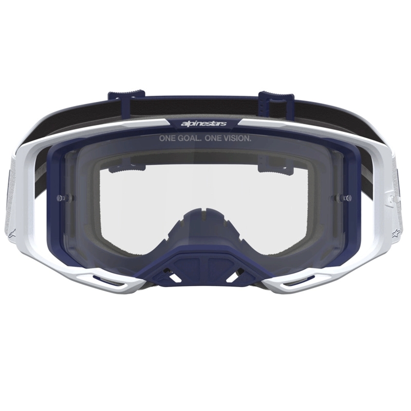Alpinestars Vision 8 dzintara zili baltas motokrosa brilles ar caurspīdīgu pleksiglasu