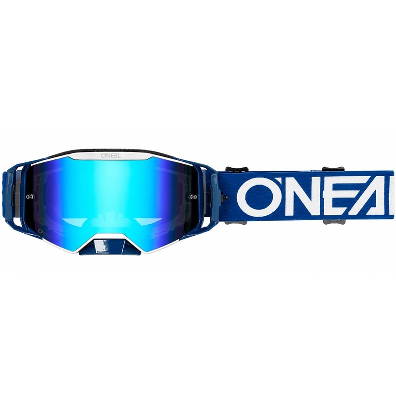 Motokrosa brilles O'Neal B-55 Cram zili baltas ar spoguļzilu pleksiglasu