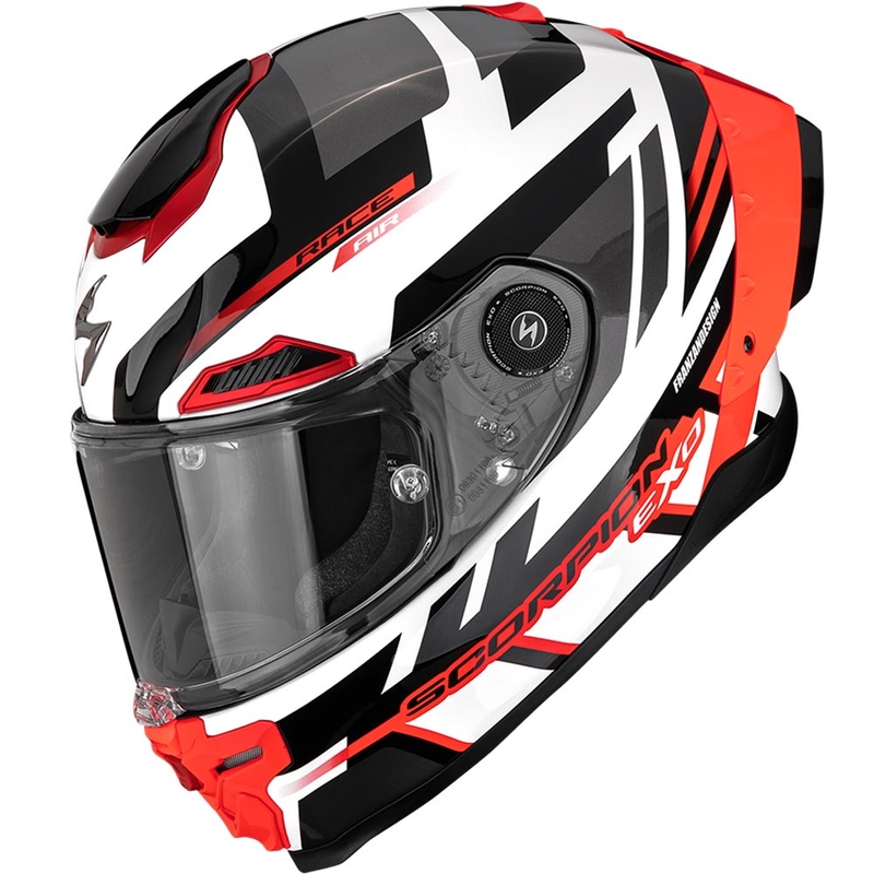 Scorpion EXO-RACE Air Carbon Fury slēgta motocikla ķivere, balta-sudraba-sarkana
