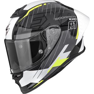 Scorpion EXO-R1 EVO II Air Surge slēgta motocikla ķivere melna-balta-fluorescējoši dzeltena