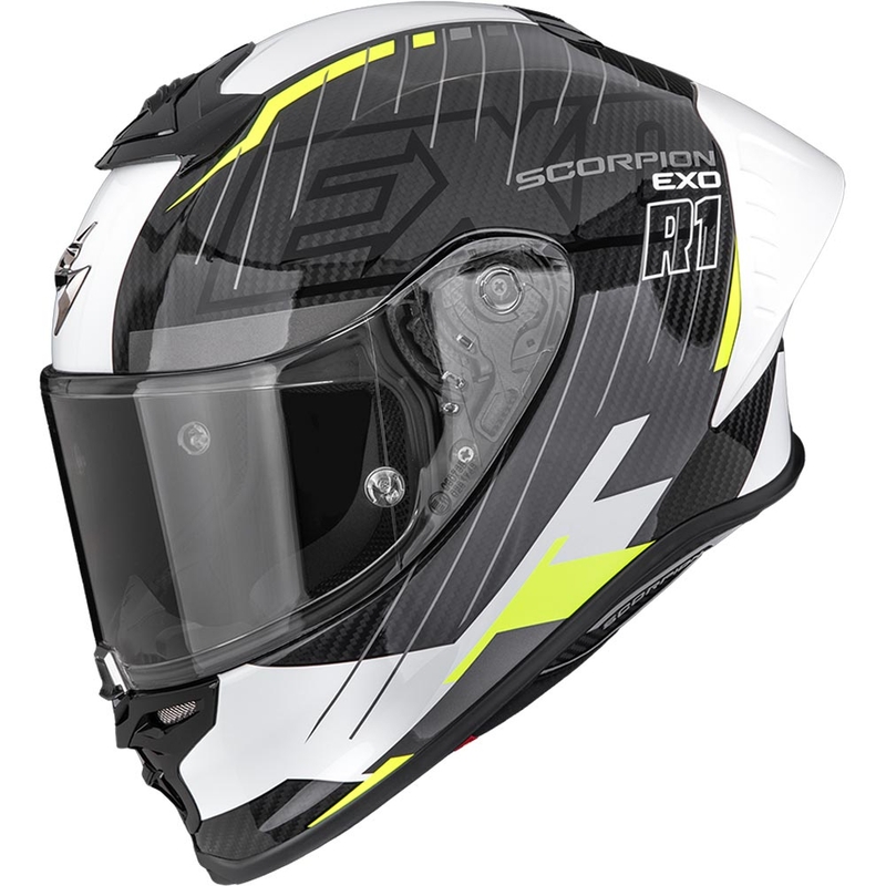 Scorpion EXO-R1 EVO II Air Surge slēgta motocikla ķivere melna-balta-fluorescējoši dzeltena