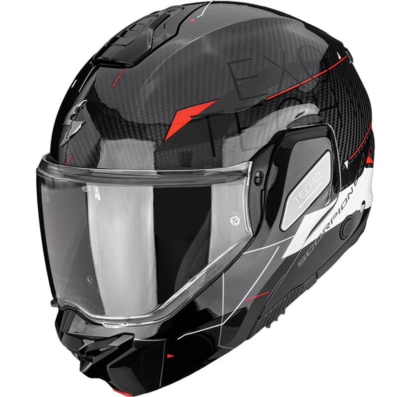 Scorpion EXO-TECH II Carbon Viator atveramā motocikla ķivere melna-balta-sarkana
