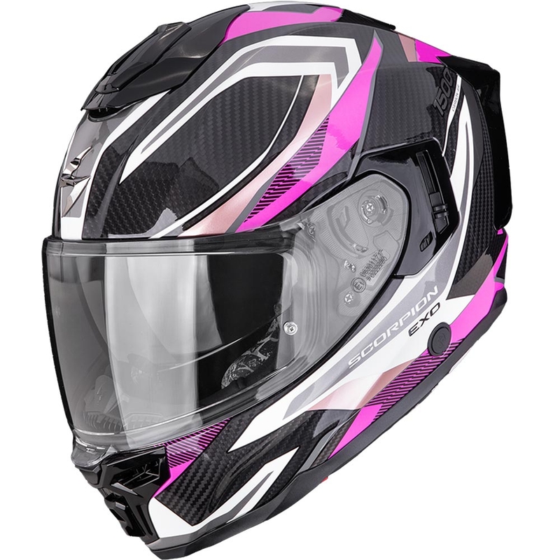 Scorpion EXO-1500 Carbon Air Hydro slēgta motocikla ķivere melna-balta-rozā