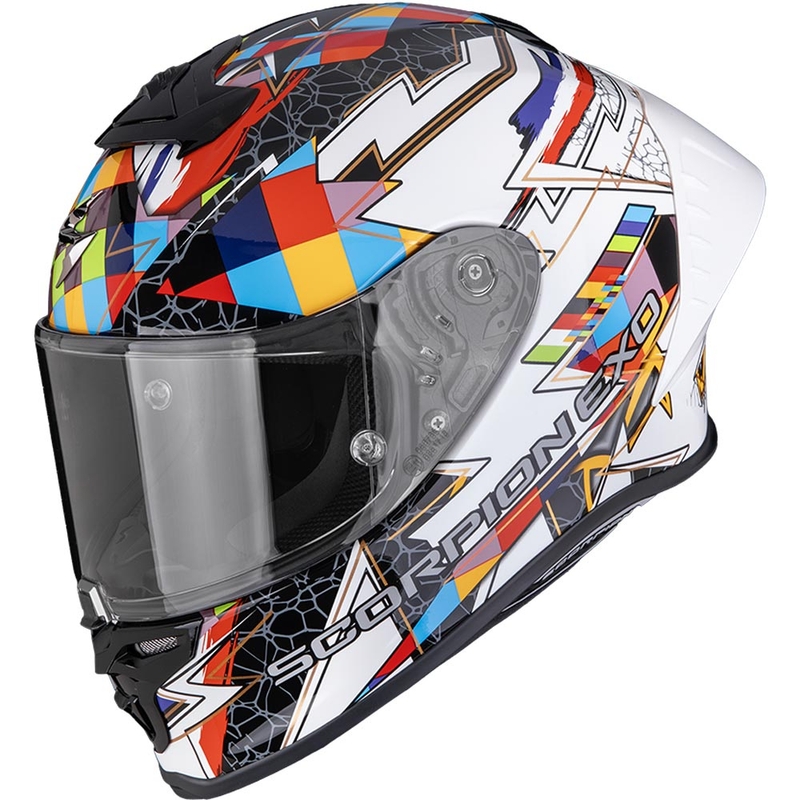Scorpion EXO-R1 EVO II Air Pouls pilnas sejas motocikla ķivere, balta-daudzkrāsaina