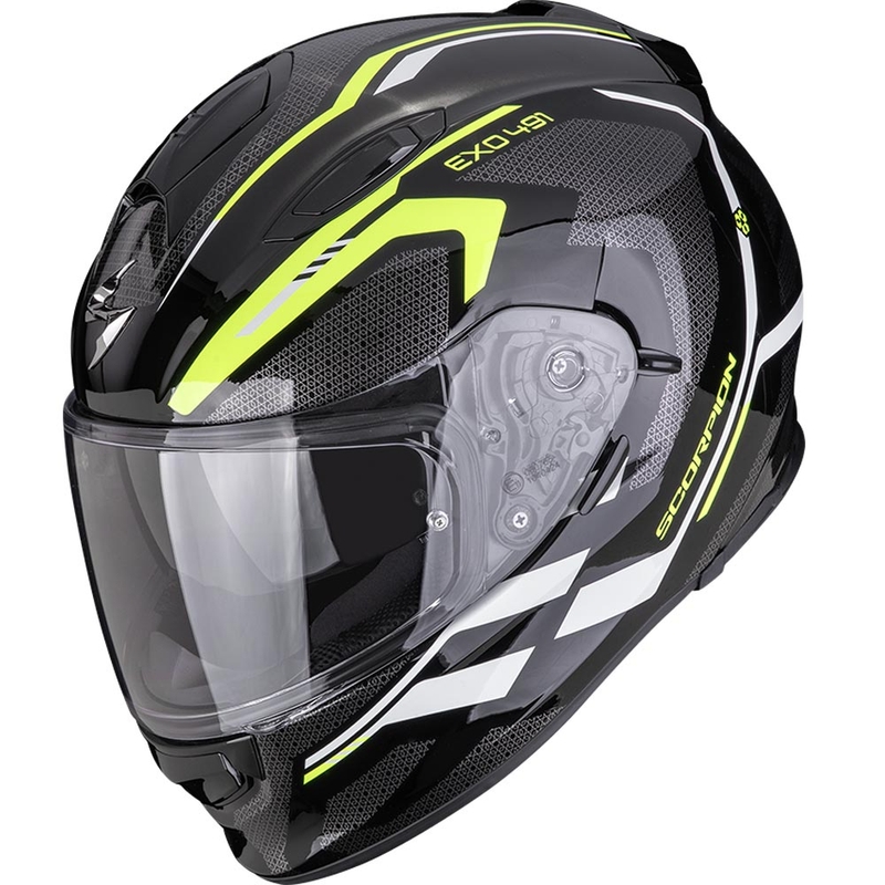 Scorpion EXO-491 KRYPTA motocikla ķivere, melna-fluorescējoši dzeltena-balta
