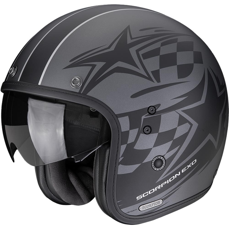 Scorpion Belfast II Flagstone atvērtā motocikla ķivere matēti sudrabaini melna