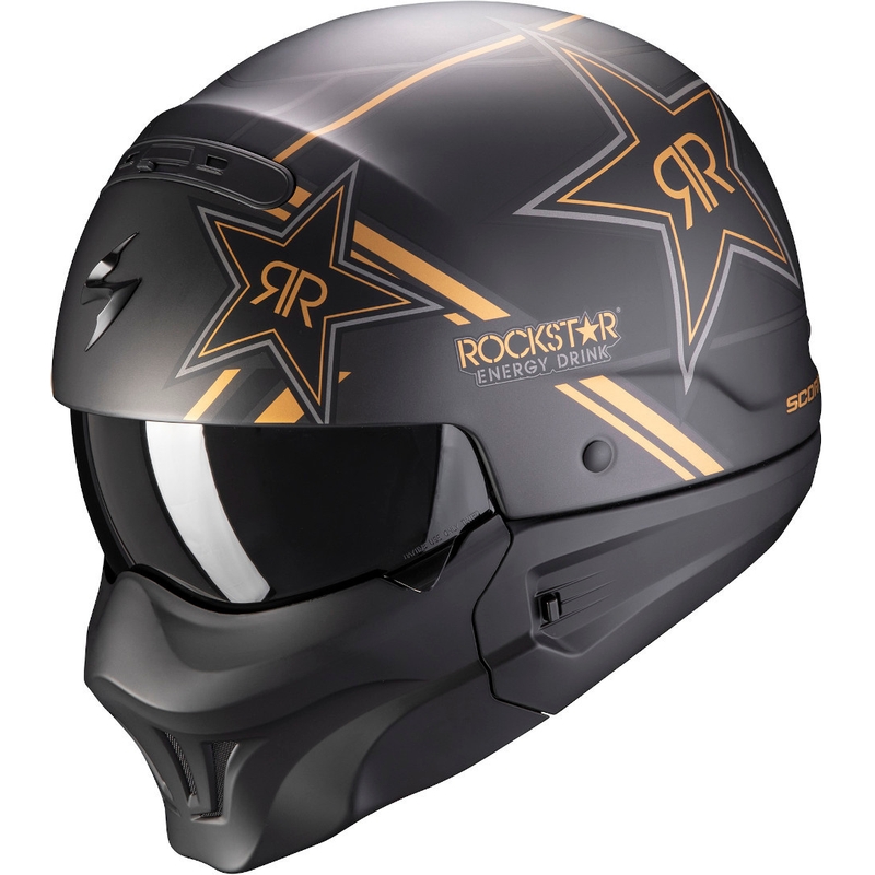 Atvērt ķivere ar masku Scorpion EXO-COMBAT EVO Rockstar melns-zelts