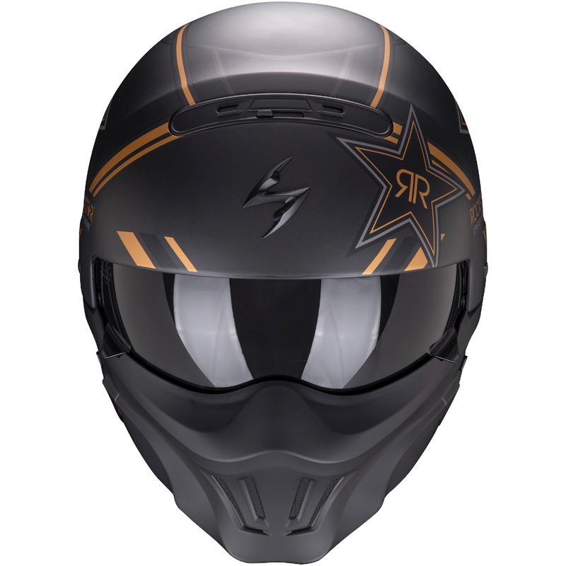 Atvērt ķivere ar masku Scorpion EXO-COMBAT EVO Rockstar melns-zelts
