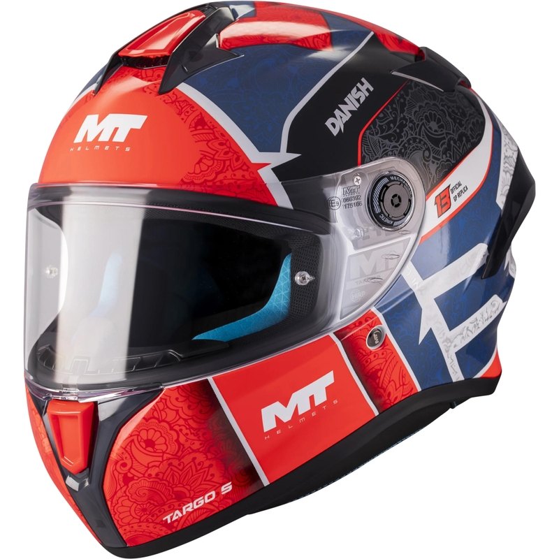 Pilna izmēra motocikla ķivere MT Targo S Danish_26_Season C5 sarkana-zila-pelēka