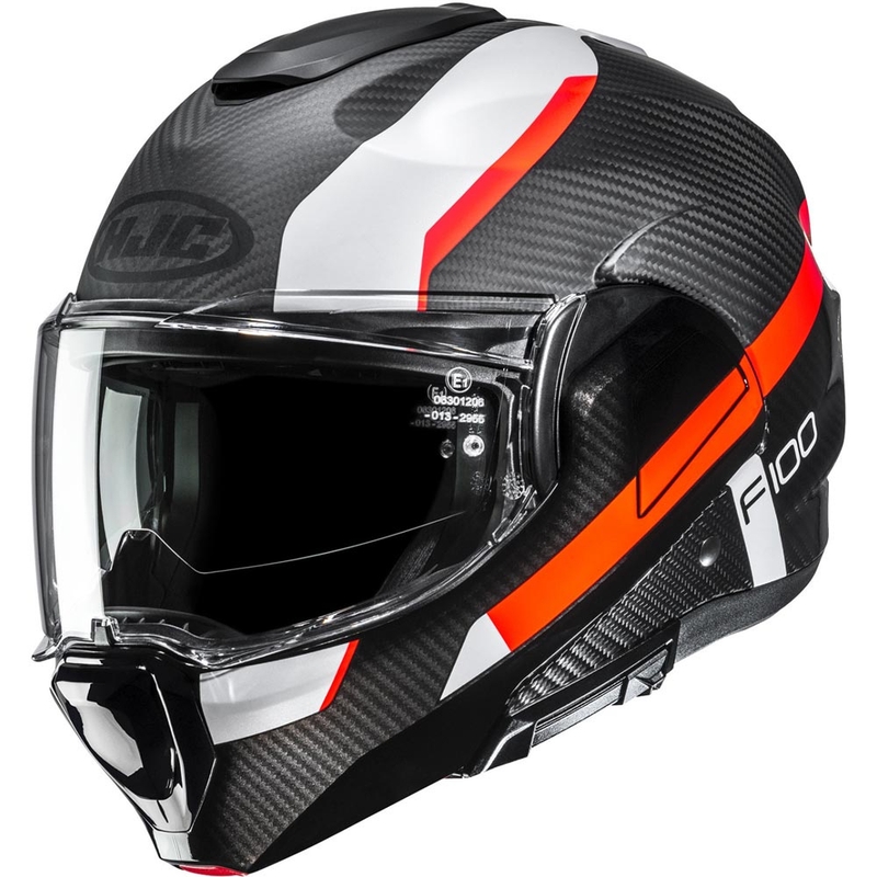 Atverama motocikla ķivere HJC F100 Carbon Askan MC6HSF melna-oranža-balta-sarkana