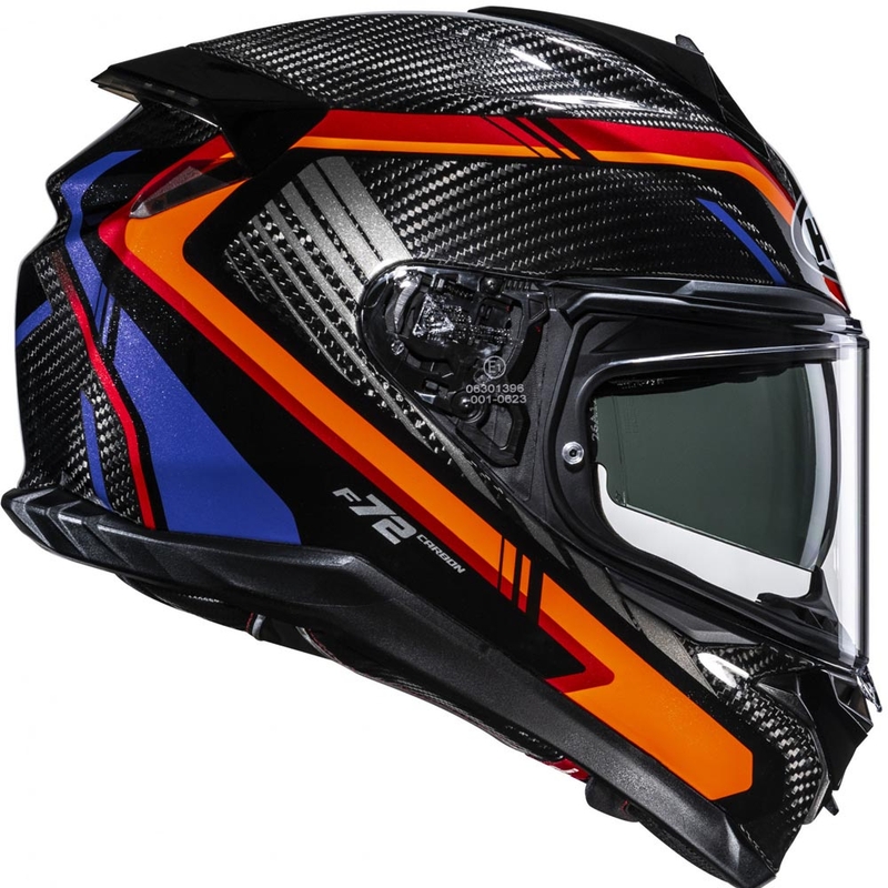 Slēgta motocikla ķivere HJC F72 Carbon Kairo MC8 melna-oranža-sarkana-violeta