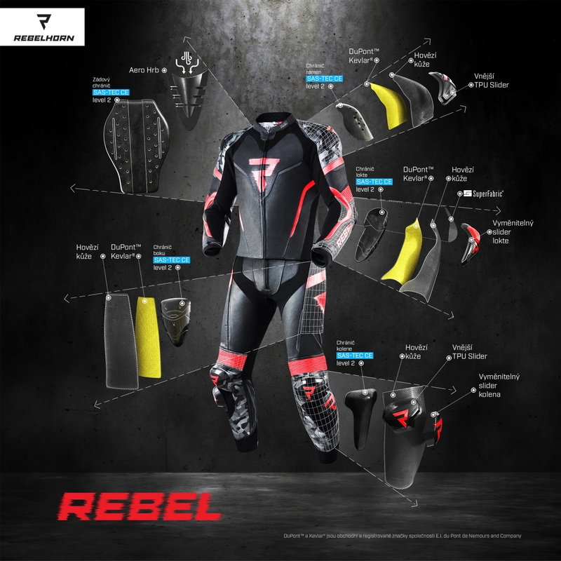 Rebelhorn Rebel melns-balts-fluo dzeltens motocikla kombinezons izpārdošana